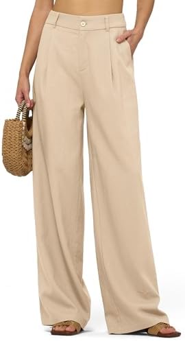 Women's Linen Pants Wide Leg Dressy Casual Beach Linen Pants Summer with Pockets 29" 31"