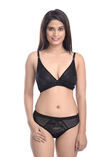 Image of Fashion Comfortz - Fashion Lingerie Set Cotton Bra Panties Set for Women|Bra Panty Set |Bra Panty Set for Women with Sexy|Undergarments|Lingerie Set for Women for Sexy Honeymoon| Black
