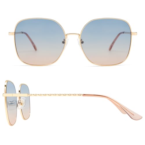 Retro Classic Trendy Square Sunglasses for Women Round Vintage 70s Large Big Frame Gold Shades AP3699 Gold/Gradient Blue3