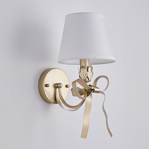 Image of Gold Brass Sconces Wall Decor Set of 2, Bow Wall Scones Set of Two with Fabric Shades, Modern Bedside Wall Lights Fixtures for Bedroom, Girls Room, Hardwired