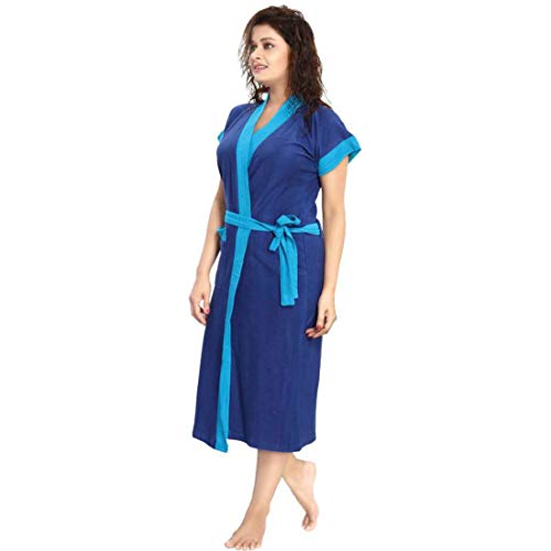 Image of bathrobes terry cotton free size bathrobe for women, bathsuit fit up to 42 inches chest size ladies - Ferozi Strip Blue bathrobe