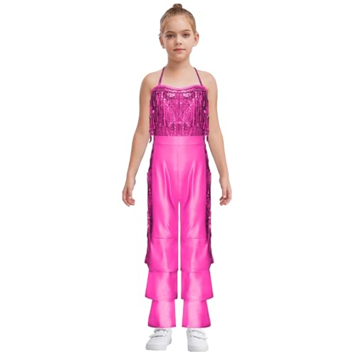 renvena Disfraz de danza metálico para niña, con lentejuelas, mono sin mangas, con flecos, disfraz de discoteca para niños, color rosa intenso, talla 134-140