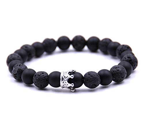  Bracciale per coppia, in perle naturali energetiche, con coroncina King e Queen, per relazione a distanza, colore: Nero , cod. Bracelet Perle Bouddhiste