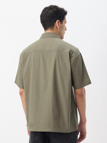 Image of The Souled Store Zipper Shirt: Men and Boys Short Sleeve Spread Collar Zipper Front Solid Textured Regular Fit Casual Easy to Style Everyday Office Wear Cotton Shirt