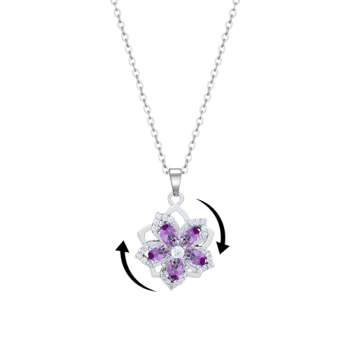KONPJE Necklace for Women Gold Flower Fidget Necklace Rotatable Crystal Silver Blossom Pendant Necklaces Adjustable Spinning Fidget Necklaces Redbud Flower Choker Funny Gift Jewelry(silver purple)