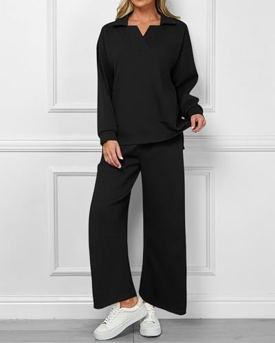 BTFBM Women 2 Piece Outfit 2024 Fall Winter Lapel V Neck Long Sleeve Pullover and Wide Leg Pants Lounge Sets Pockets