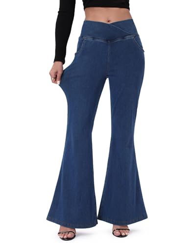 Bell Bottom Jeans for Women High Waisted Stretchy Flare Jeans with Pockets Trendy Crossover Pull On Flare Jeggings2
