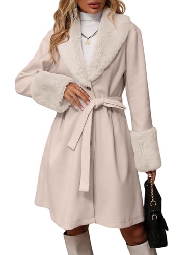 Image of utcoco Womens Wool Blend Pea Coat Faux Fur Lapel Collar Single Breasted Mid Long Trench Overcoat with Belt (X-Large, Apricot)