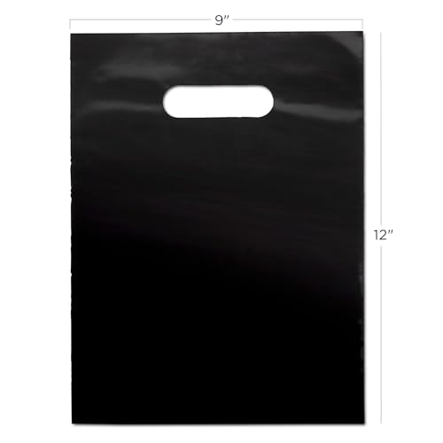 Image of Practicon Plastic Merchandise Bag with Die Cut Handle, 9 inch x 12 inch Size, 2 Mil Bag, 100 Pack, Black