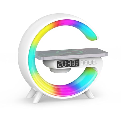 Smiling Shark Despertador Luz, Atmósfera Lampara Cargador Inalámbrico con Altavoz Bluetooth Botón Control 10 Modo de Luz Amanecer Simulación Inteligente LED Luces de Despertador para Decoración Hogar