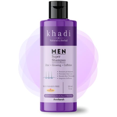 Image of Khadi MEN Super Shampoo | With Zinc, Ginseng & Caffeine | Restores Scalp pH Balance | Anti Hair Fall | Improves Hair Thickness & Softness | Sulfate & Paraben Free | 210 ml - By AMRITANSH
