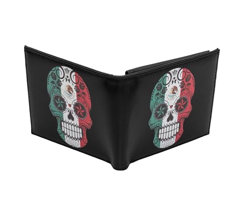 Mens Bifold Exotic Wallet Picture Mexican Flag skull with printed gift box2