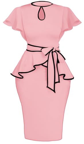 Image of Women's Vintage Bodycon Church Ruffle Sleeve Ruched Dresses Work Midi Pencil Dress