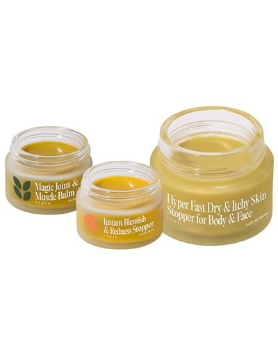 FRYA Organics The Complete Natural Apothecary for Face & Body | 3 Piece Skincare Set with Moisturizing Balm Soothing Balm & Massage Balm | Chamomile Marigold Eucalyptus & Beeswax | 60 Day Supply