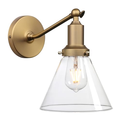 Image of PERMO Industrial Vintage Slope Pole Wall Mount Single Sconce with Funnel Flared Clear Glass Shade Wall Sconce Light Lamp Fixture Hardwired (Antique Gold)