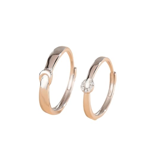 Bagues réglables couple en argent 925 gravées pour fiançailles avec oxyde de zirconium style lune