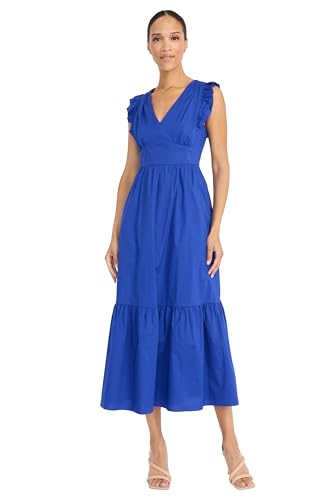 Image of Maggy London Women's V-Neck Ruffle Details Cotton Poplin Maxi Dress