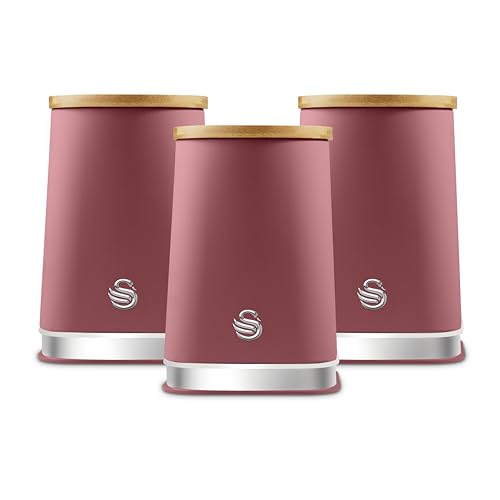 Swan Nordic SWKA18524FUS Set of 3 Kitchen Storage Canisters for Tea, Coffee, and Sugar with Non-Slip Bases Durable Iron Body with Soft Touch Matt Finish and Chrome Trims, 1.3L, Fuchsia Rose