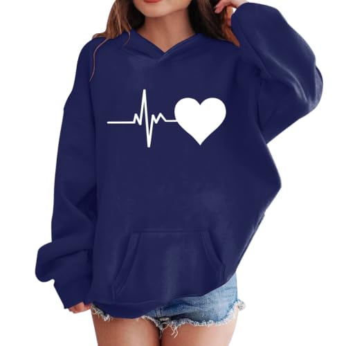 Image of Teen Girls Oversized Heart Print Hoodie Cotton Soft Cute Hooded Sweatshirts
