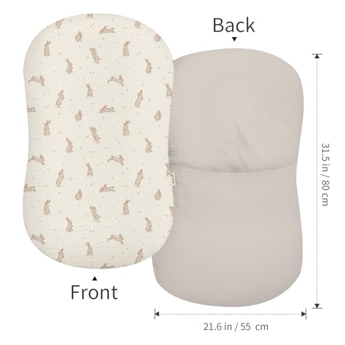 Image of Muslin Baby Lounger Cover 2 Pack, Soft Breathable Newborn Lounger Pillow Cover for Boys Girls Infant (Hopping Bunnies)
