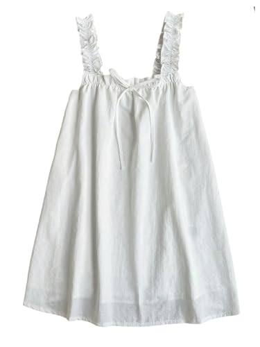 OYOANGLE Womens Wide Strap Frill Trim Sleeveless A Line Bow Tank Dress Summer Babydoll Sundress White Large