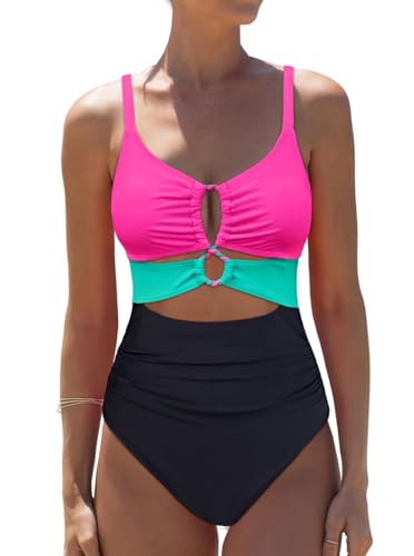 popvil One Piece Swimsuit for Women Tummy Control Bathing Suit Neon Cutout Braid Swim Suits Color Block Swimwear