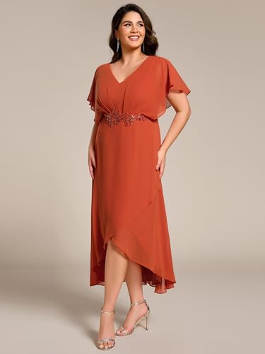 Image of Ever-Pretty Plus Women's V Neck Applique Plus Size Wedding Guest Dress Applique Short Sleeves Maxi Foraml Dresses Burnt Orange US20