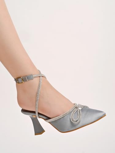 Image of Women's Satin High Heel Sandals Pointed Toe Party Heels with Rhinestone Bow & Ankle Strap - Elegant Stilettos for Weddings & Events