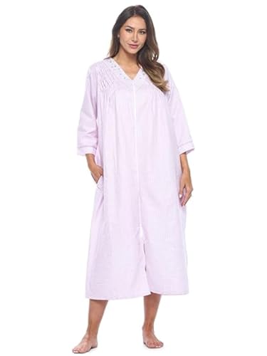Image of Casual Nights Women's Zip Front Woven House Dress | 3 /4 Sleeves Housecoat Long Duster Lounger