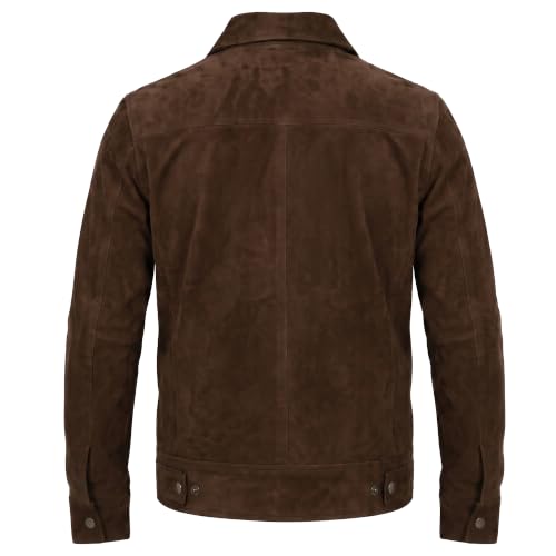 Image of Mens Polo Collar Zipper Suede Shirts Long Sleeve Shacket Suede Trucker Jacket Real Suede Leather Shirt