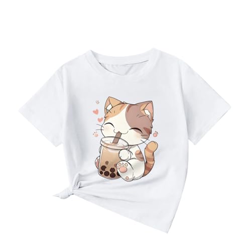 Image of KEEVICI Cute Cat Shirts for Girls Graphic Tees Bubble Tea Tshirt Kids Kawaii Cartoon Animal Print T Shirt Summer Cotton Tops
