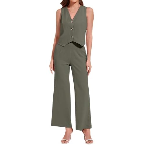 ROYLAMP Women's Summer 2 Piece Outfits Button Down V Neck Sleeveless Top High Waisted Wide Leg Pants Matching Set X-Large Olive Green