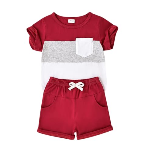 Image of Toddler Boy Clothes Baby Summer Outfit Patchwork Tee Shorts 12M-4T | Soft Patchwork Tee, Pocket Shorts With Stretch Waistband, Breathable For Summer Play, Machine Washable