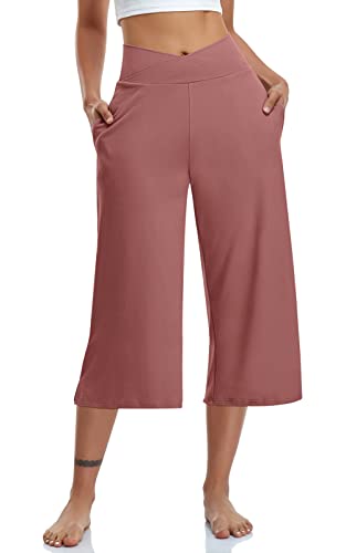 Image of TARSE Womens Casual Wide Leg Yoga Capris Crossover High Waist Capri Pants Loose Soft Pajama Pockets Sweatpants