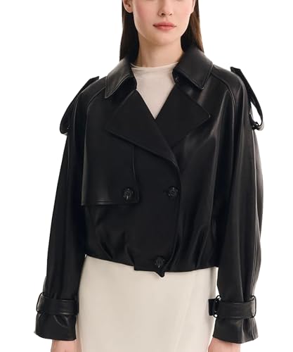 Womens Short Crop Trench Coat - Double Breasted Notched Lapel Stylish Fashion Spring Cropped Jacket for Women3