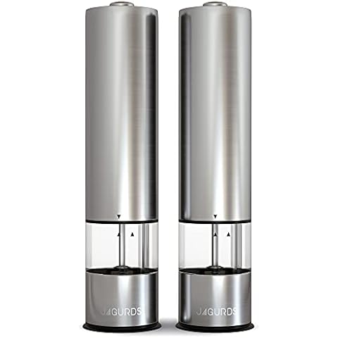 Electric Salt and Pepper Grinder Set - Automatic, Refillable, Battery Operated Spice Mills with Light - One Handed Push Button Peppercorn Grinders and Sea Salt Mills (Silver) Cover