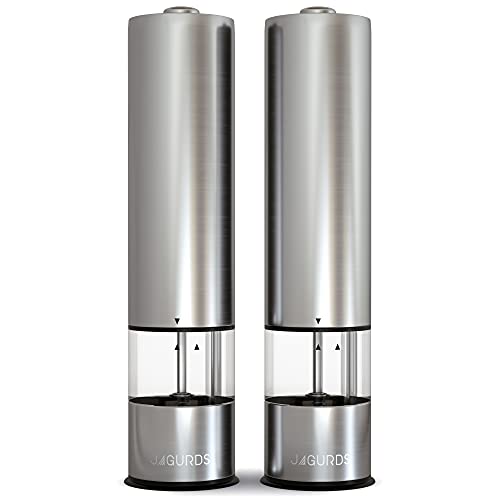 Electric Salt and Pepper Grinder Set - Automatic, Refillable, Battery Operated Stainless Steel Spice Mills with Light - One Handed Push Button Peppercorn Grinders and Sea Salt Mills by JAGURDS - Used condition - US$15.47