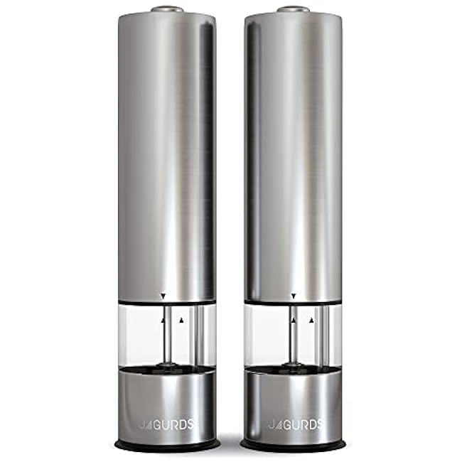 Electric Salt and Pepper Grinder Set - Automatic, Refillable, Battery Operated Spice Mills with Light - One Handed Push Button Peppercorn Grinders and Sea Salt Mills (Silver)