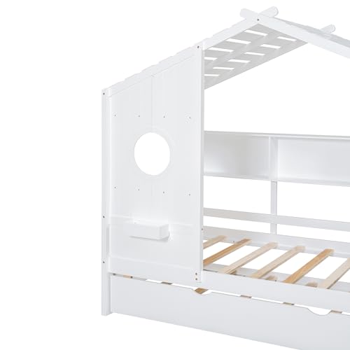 Image of Twin Size House Bed with Roof and Window for Kids, Wooden Playhouse Bed with Storage Shelves and Trundle for Bedroom Furniture Girls & Boys (White /T1)