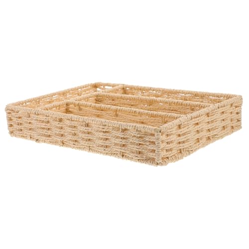 Toyvian Natural Color Woven Cutlery Basket with Divided Compartments Utensil Organizer for Kitchen Drawer Storage Multi-functional Flatware Tray for Forks Knives Spoons and Snacks Rustic
