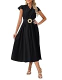 GRACE KARIN A-Line Cotton Dresses for Women UK, V-Neck Maxi Summer Dresses for Women Elegant, Wedding Guest Beach Dress Elastic Waist Belt Black XXL