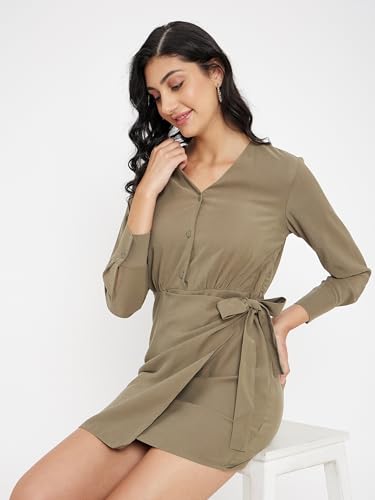 Image of Madame Solid Olive Dress for Women