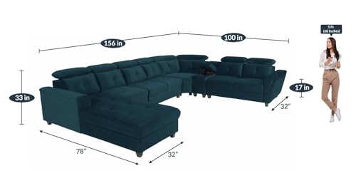Image of Mishel 12 Seater Sofa Set for Living Room | Sectional U Shaped 12 Seater Sofa with Storage & Cupholder (Teal Fabric, LHS)