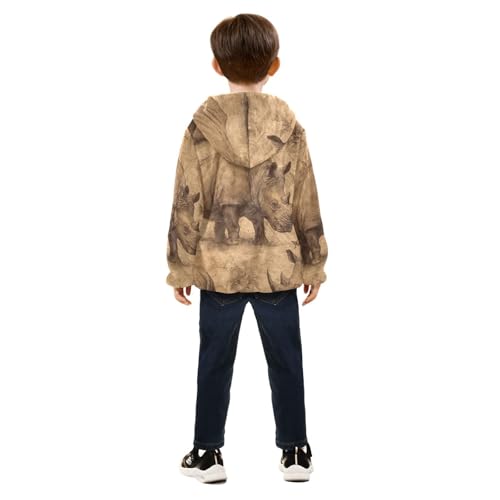 Rhino Pattern Print Toddler Fleece Jacket Girl Boys Hooded Fleece Jacket Coat Warm Outwear Zip-up 3-10T4