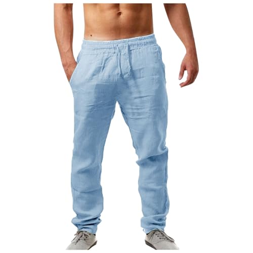 Generisch Pantalones de lino para hombre, pantalones de verano, pantalones de yoga, ligeros, holgados, pantalones largos, cómodos, pantalones para hombre, vacaciones, ocio, con cordón y bolsillos,