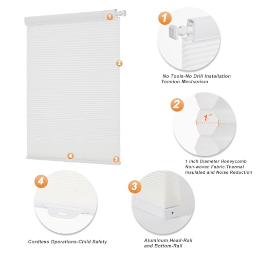 Persilux Custom Size No Drill No Tools Cordless Cellular Blinds & Shades for Window Shades Light Filtering Window Blinds Bottom UP UV Protection 1" Cell Honeycomb Blinds for Home Easy to Install White