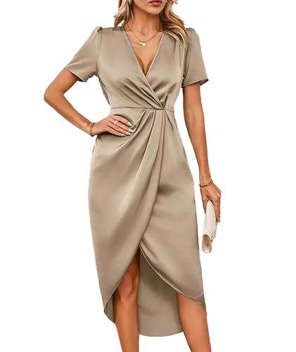 Image of Sexyshine Women's Wrap V Neck Short Sleeve Satin Midi Dress Split Hem Ruched Pleated Formal Evening Party Dresses