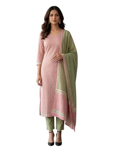 Image of Eddika women unstitched hand block printed cotton suit set with mulmul dupatta ehbpcswmd0120P