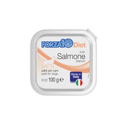 Forza 10 Umido Cane MONO gusto SALMONE, alimento completo monoproteico per cani adulti di tutte le taglie e razze, alta digeribilità | 12 scatolette da 100 grammi l’una.