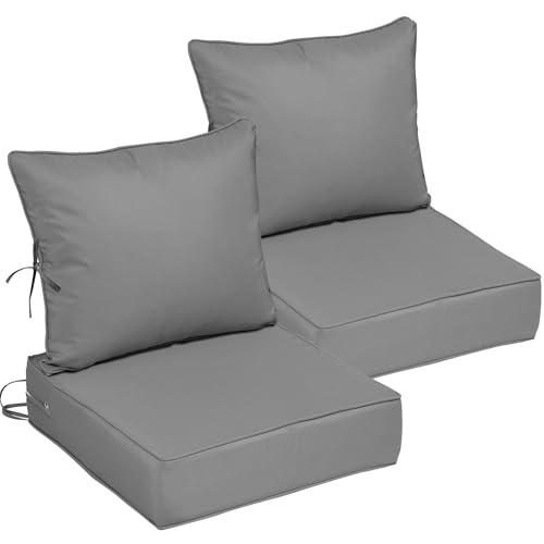 Image of 24x24 Outdoor Chair Cushions Set of 2, Waterproof Deep Seat Cushions for Patio Furniture with Removable Cover, Fade Resistant 4'' Outdoor Seat Cushion w /Ties&Handle for Sofa Loveseat,Light Gray